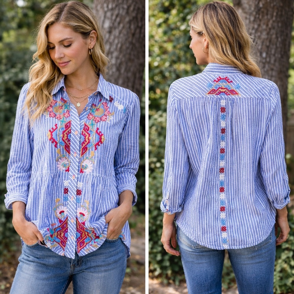 Johnny Was Stripe Tiered Shirt Tunic Intricate Floral Embroidery Blue Size S